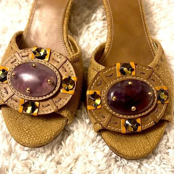 PRADA Calzature Donna Canvas Stone Embelished Wedge  Sandals size 37.5 /7 - Picture 3 of 7